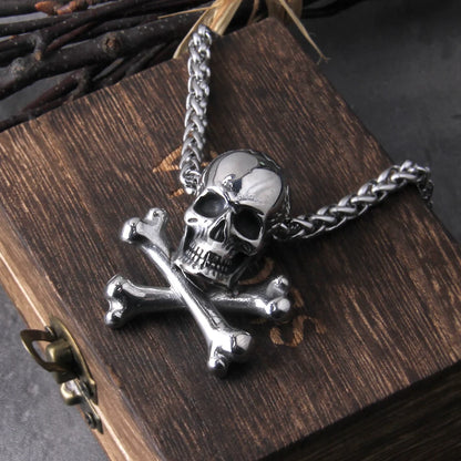 Close up of stainless steel skull pendant necklace