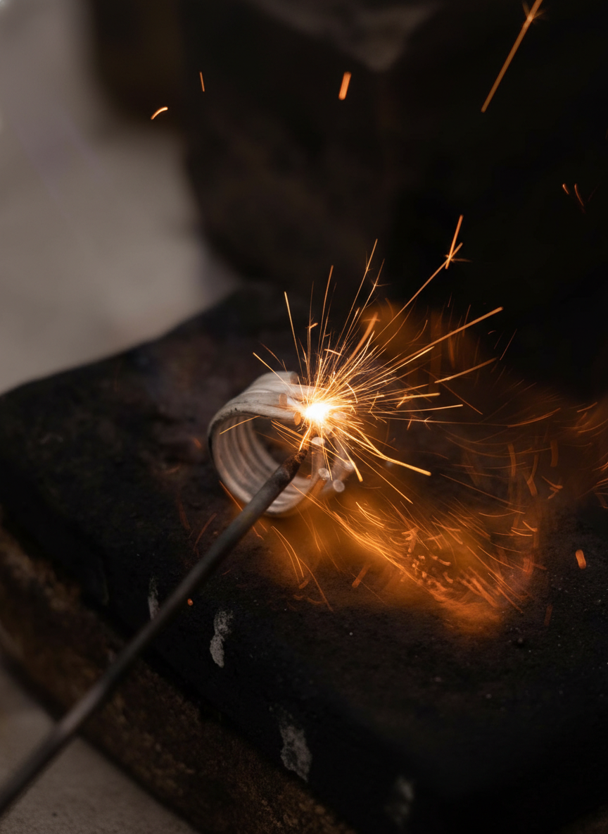 Close-up of handcrafted sterling silver ring being forged with torch and sparks, highlighting artisan jewelry making process by AEXON SMITH
