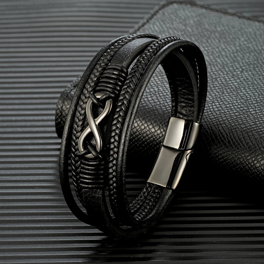 men's infinity symbol bracelet with braided black leather layers