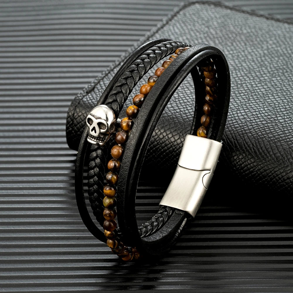 yellow tiger eye bead bracelet with stainless steel skull centerpiece