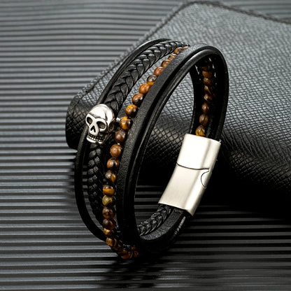 yellow tiger eye bead bracelet with stainless steel skull centerpiece