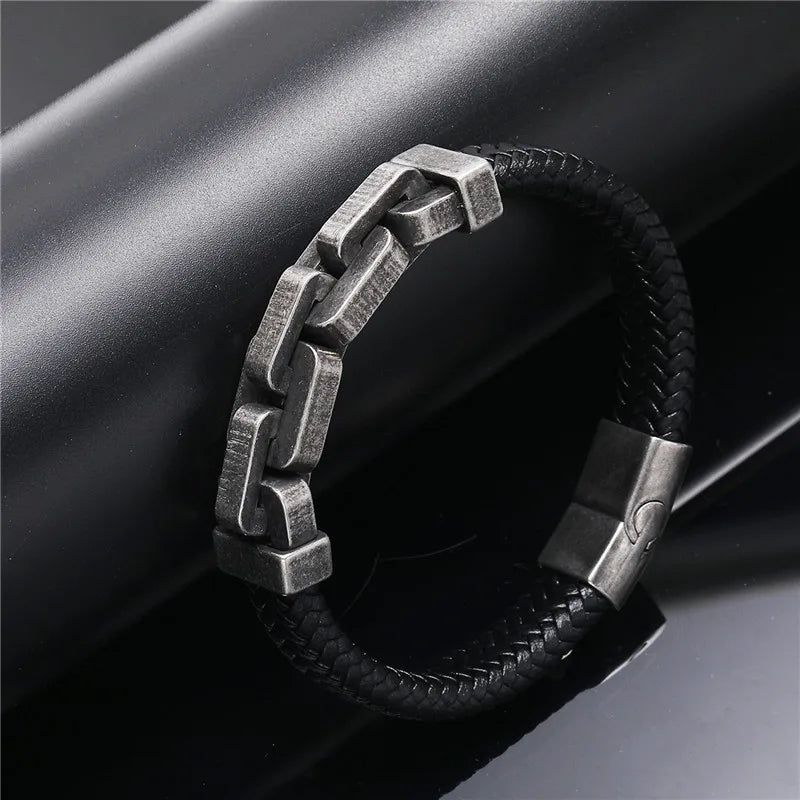 black leather bracelet for men with stainless steel link accent