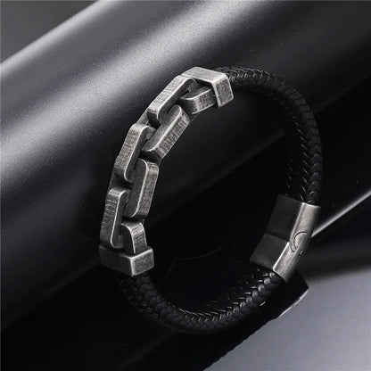 black leather bracelet for men with stainless steel link accent