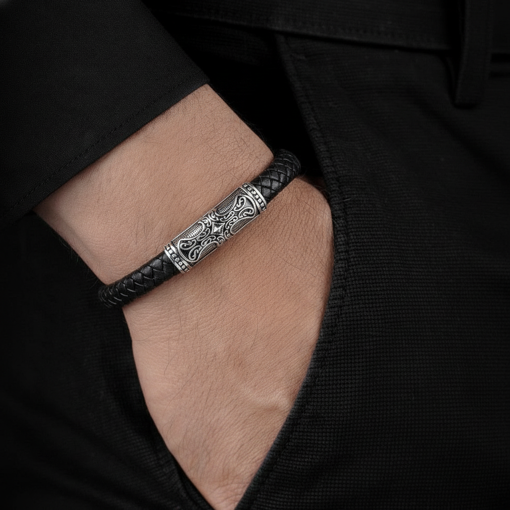men's leather bracelet with engraved cross centerpiece on wrist