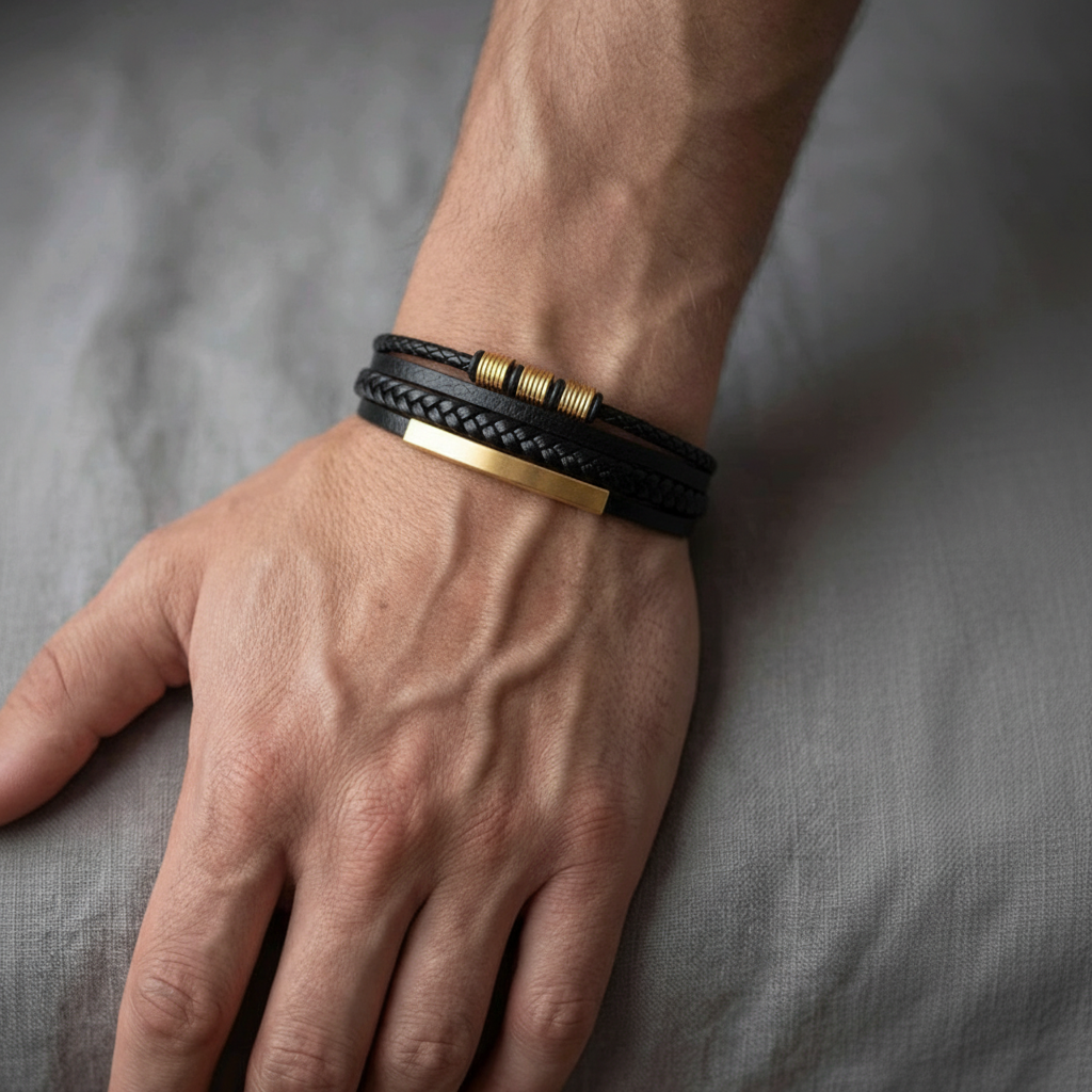 luxury men's multi layer leather bracelet black and gold design on wrist