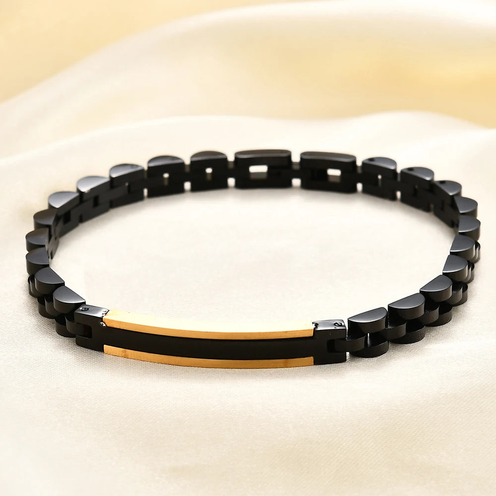 luxury men's stainless steel ID bracelet black and gold