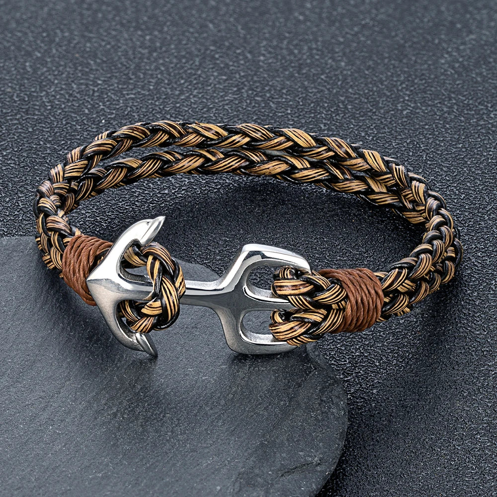 men's nautical anchor khaki and black rope bracelet with stainless steel clasp