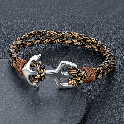 men's nautical anchor khaki and black rope bracelet with stainless steel clasp