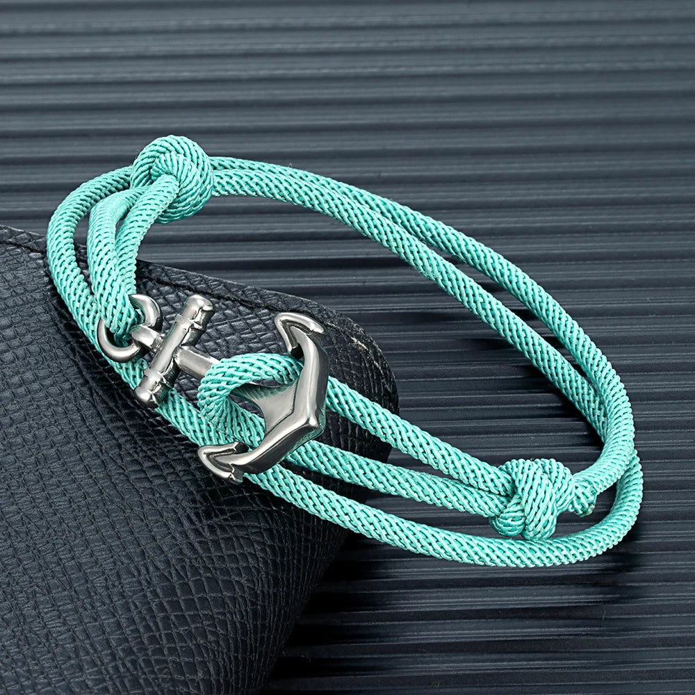 mint green marine rope bracelet with stainless steel anchor clasp
