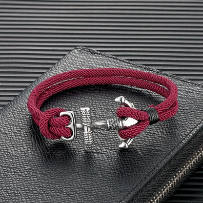 men's nautical anchor bracelet with red rope band and steel clasp