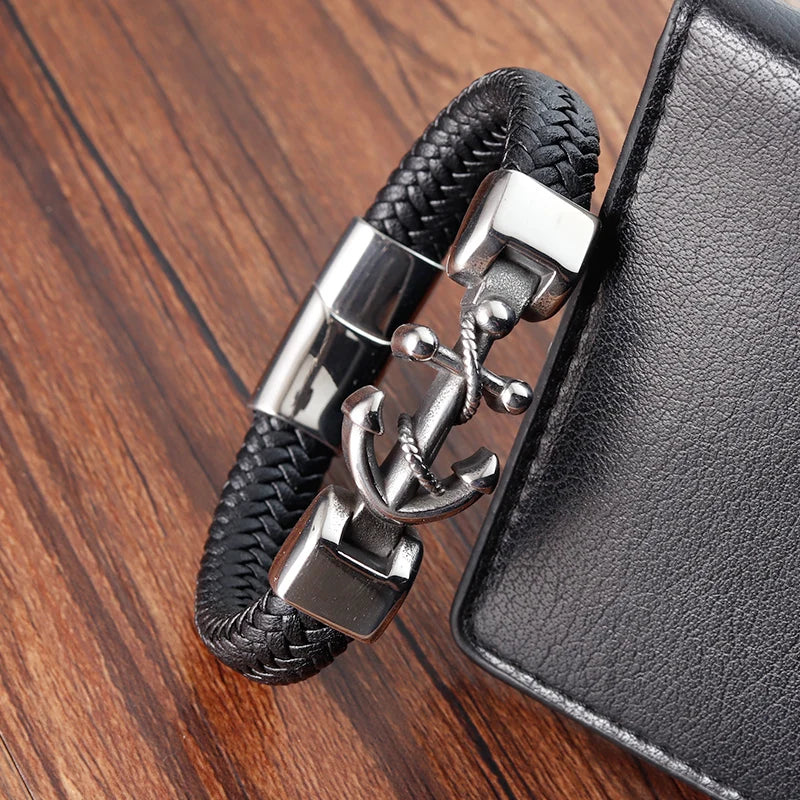 marine style anchor bracelet for men stainless steel leather