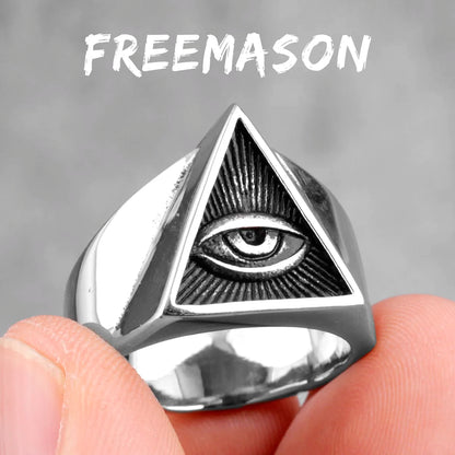 Masonic style eye pyramid silver ring stainless steel symbolic jewelry