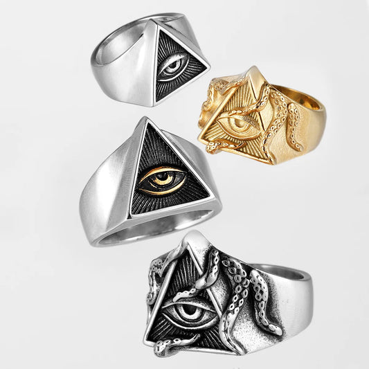 Masonic style eye pyramid ring stainless steel symbolic jewelry