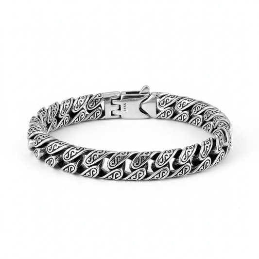 men's 925 sterling silver engraved scroll chain bracelet