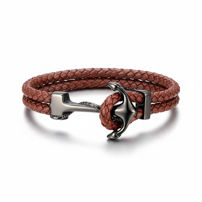 men's nautical anchor brown braided leather bracelet with stainless steel clasp