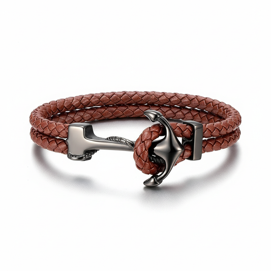 men's nautical anchor brown braided leather bracelet with stainless steel clasp