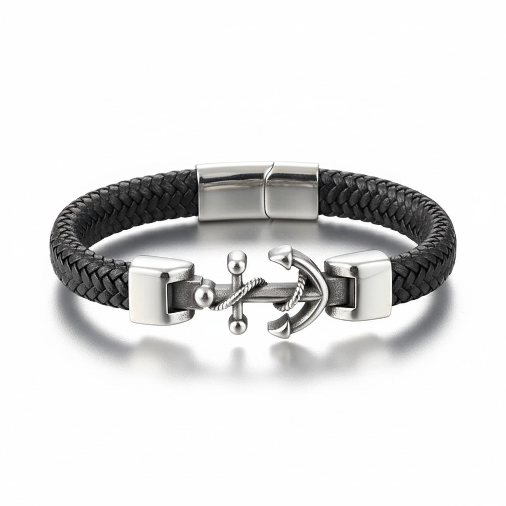men's anchor leather bracelet stainless steel nautical design