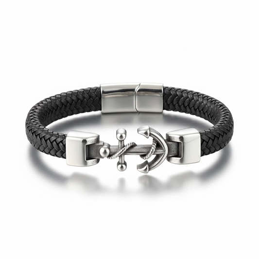 men's anchor leather bracelet stainless steel nautical design