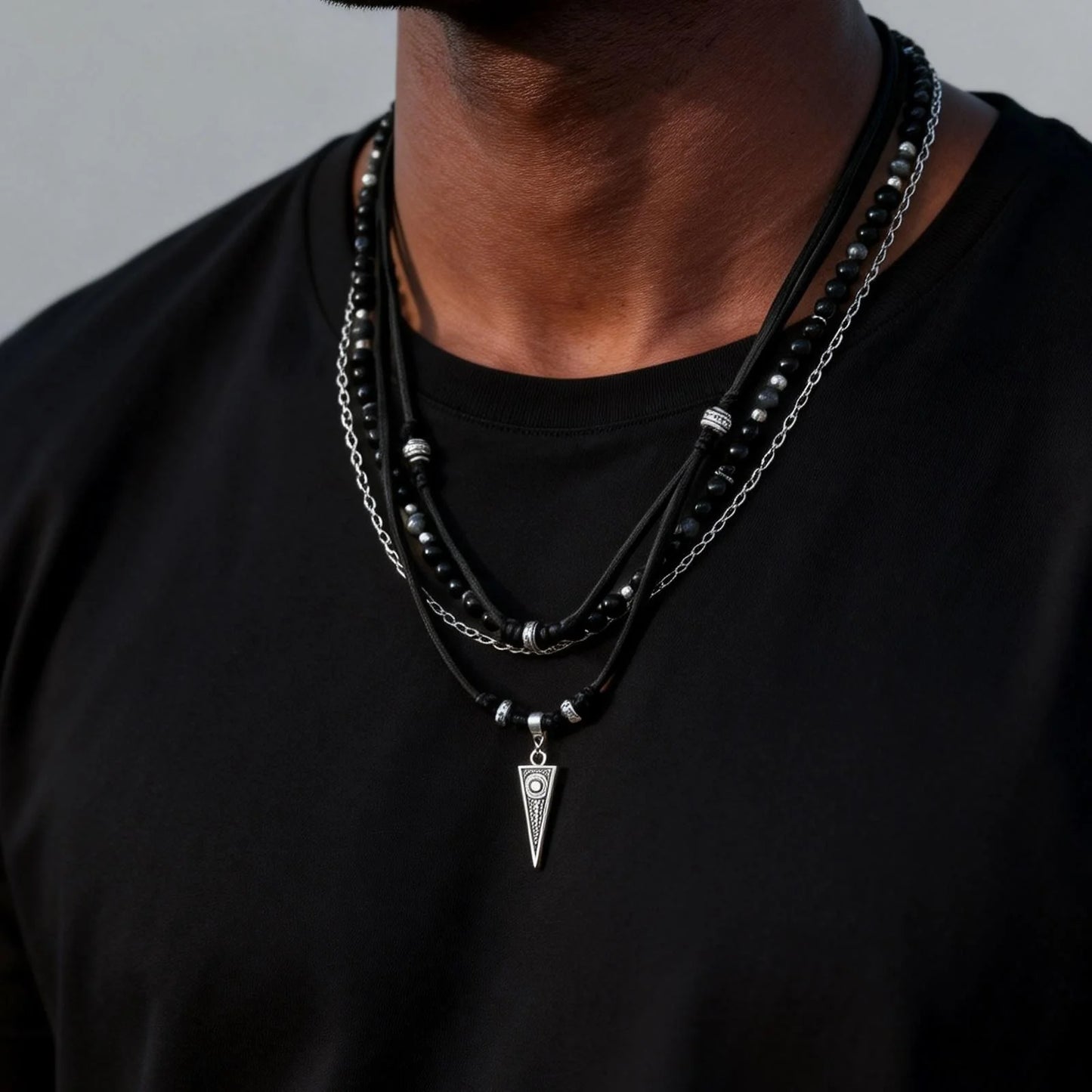 Punk style layered necklace for men with geometric pendant