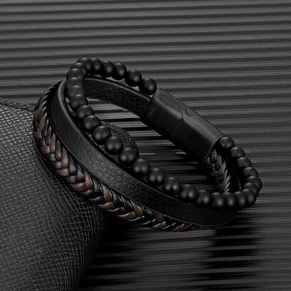 men's matte black lava stone bead leather bracelet