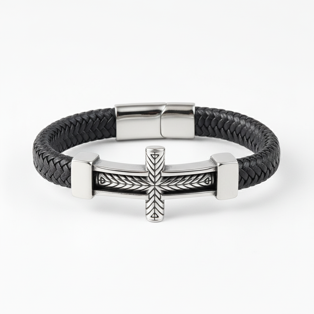 men's black braided leather bracelet with stainless steel cross centerpiece