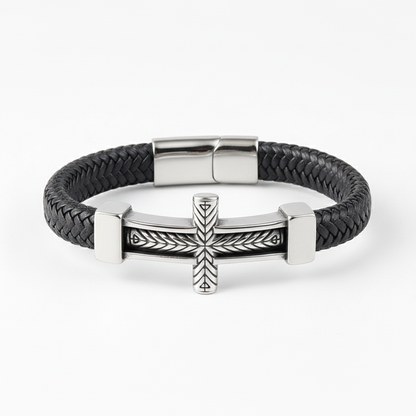 men's black braided leather bracelet with stainless steel cross centerpiece