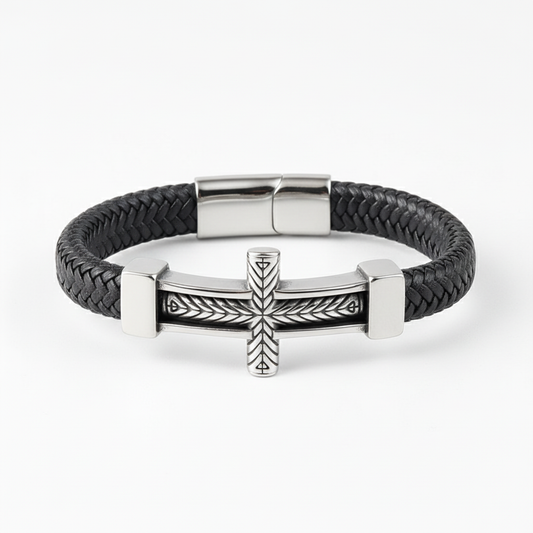 men's black braided leather bracelet with stainless steel cross centerpiece