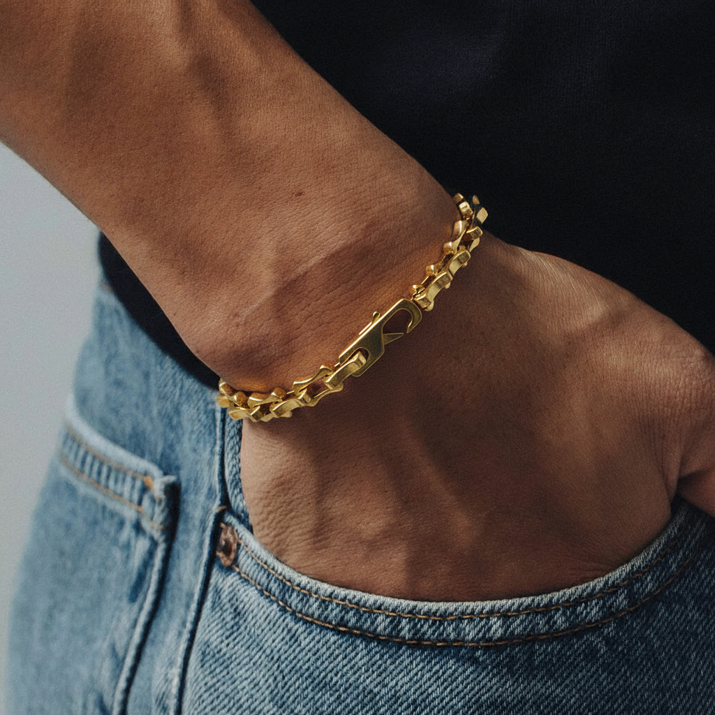 men's biker style stainless steel gold  chain bracelet on wrist