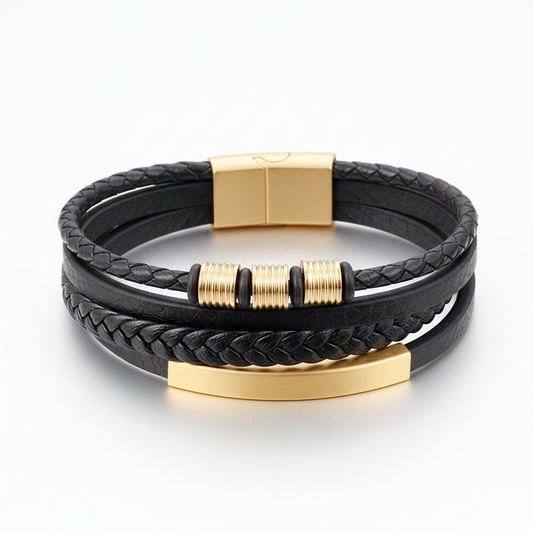 men's black leather bracelet with gold stainless steel accents