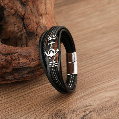 Men’s black leather anchor wristband bracelet with braided leather layers and metal clasp