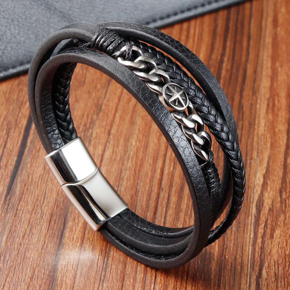 men's leather bracelet with stainless steel chain and braided design