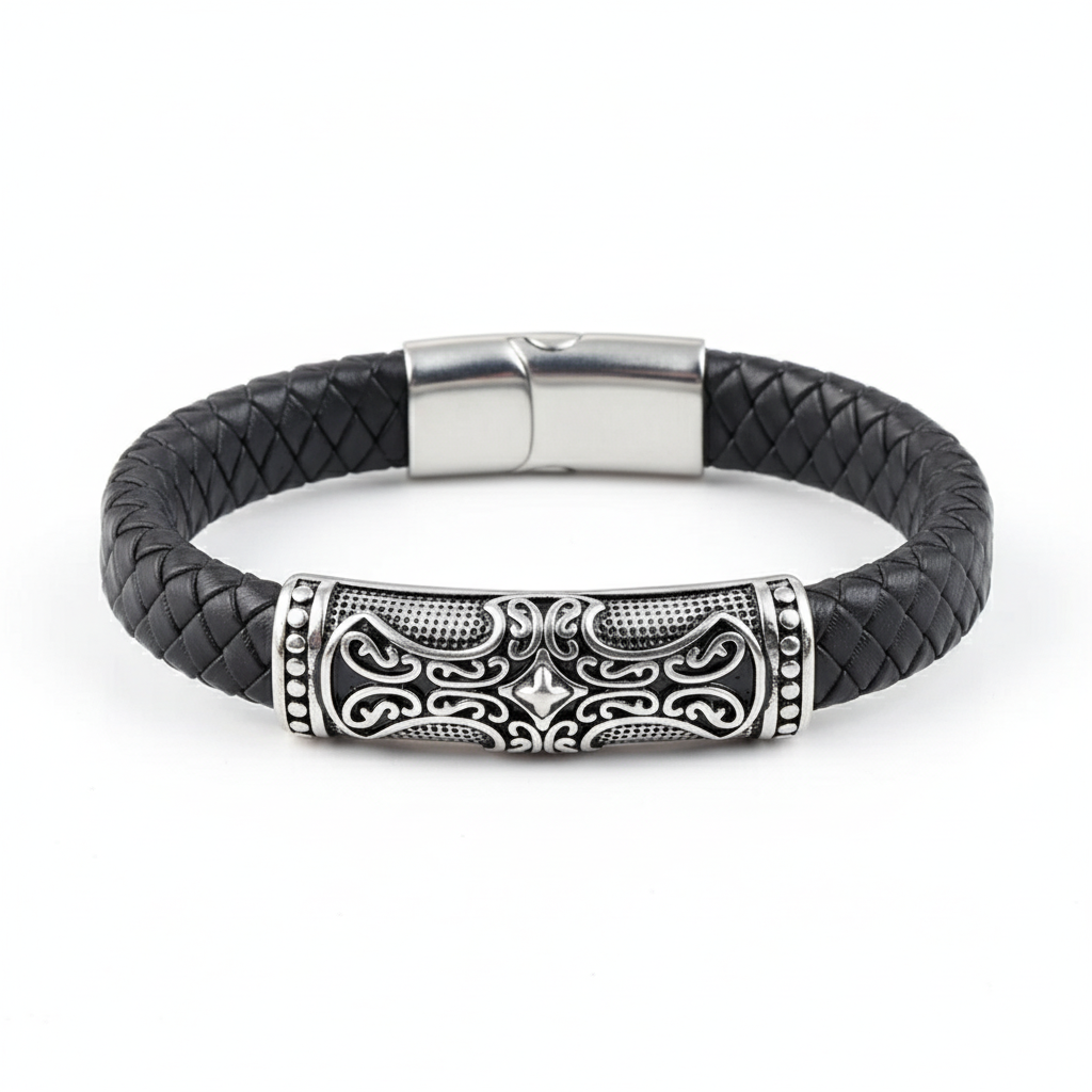 men's black braided leather cross bracelet with stainless steel clasp