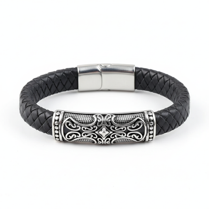 men's black braided leather cross bracelet with stainless steel clasp