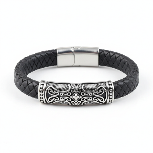 men's black braided leather cross bracelet with stainless steel clasp