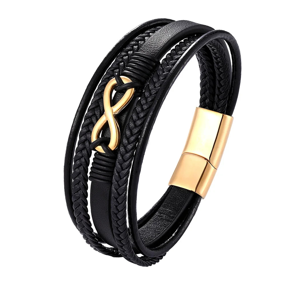 black braided leather bracelet for men featuring gold infinity symbol