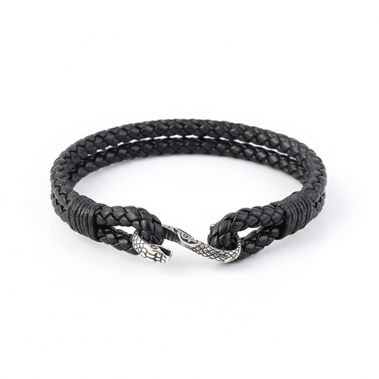 men's black braided leather snake bracelet with stainless steel clasp