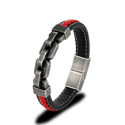 men's black and red leather bracelet with stainless steel clasp