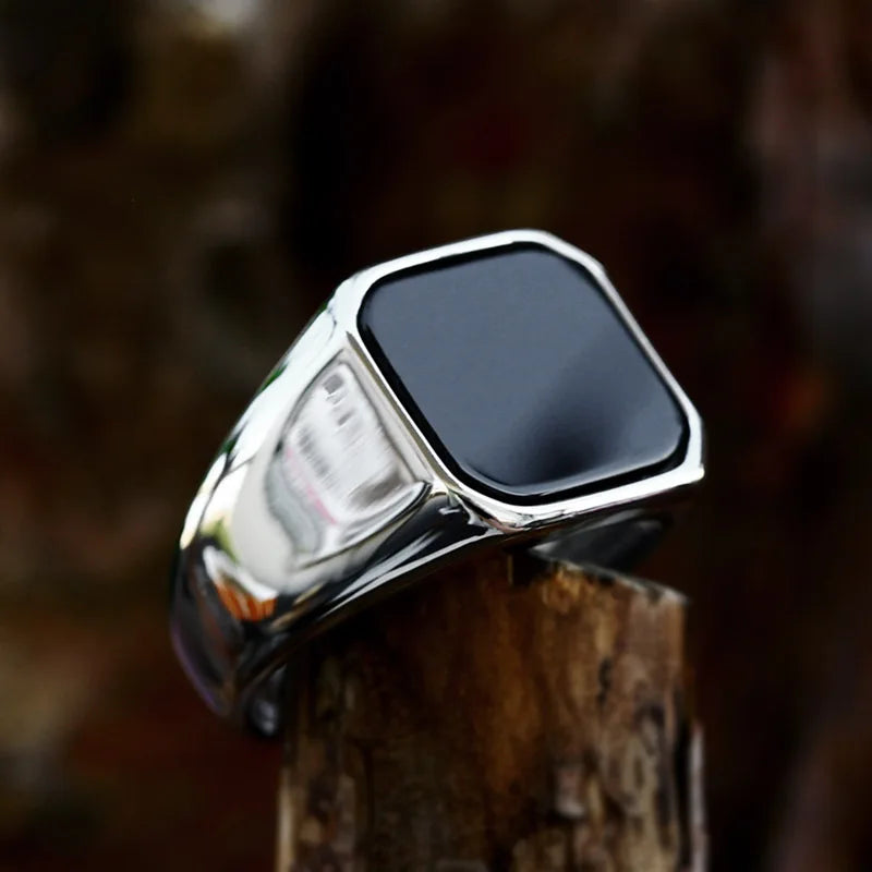 Men black onyx statement ring stainless steel band