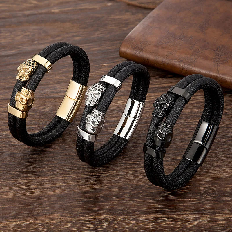 men's black leather bracelets with double skull metal accents