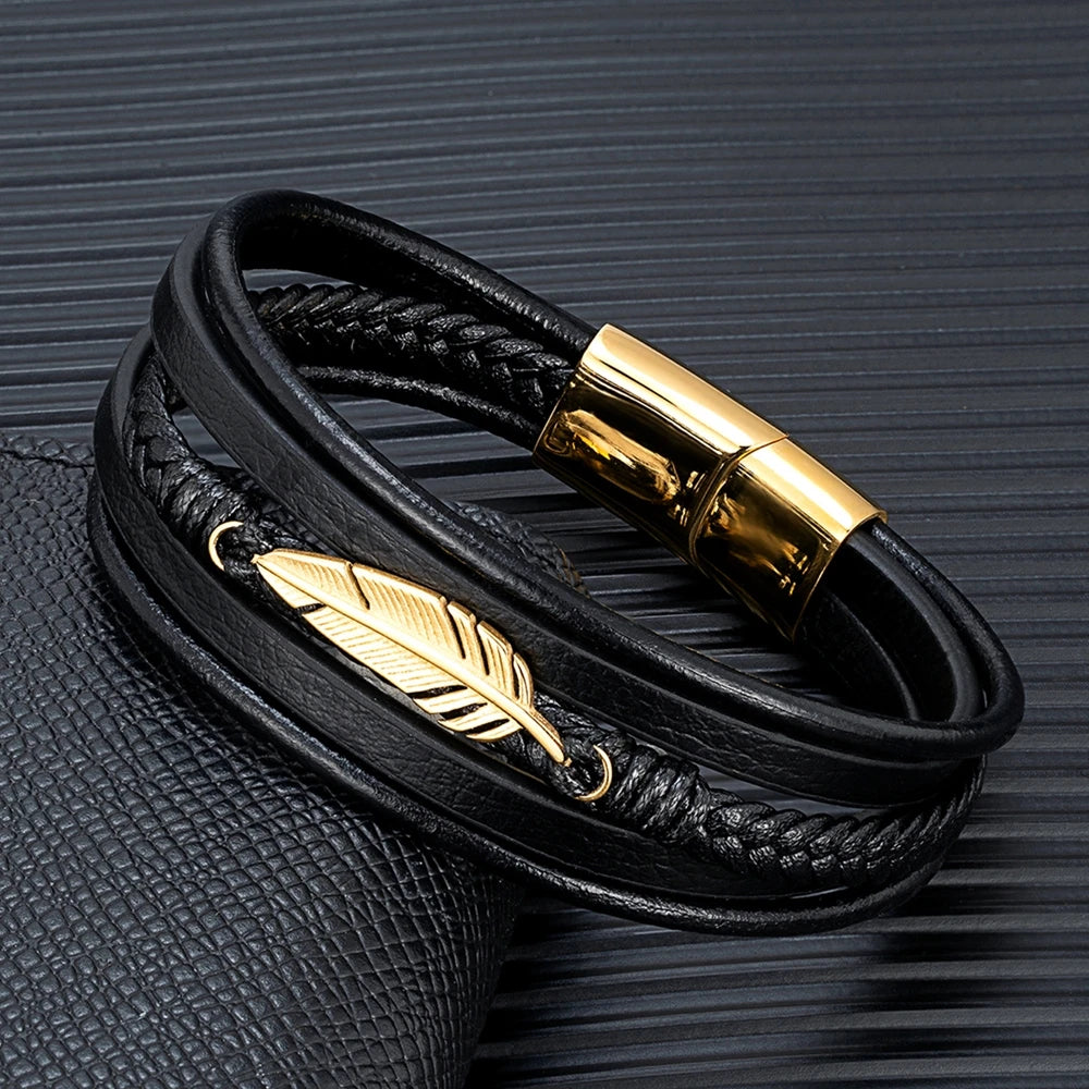 boho feather leather bracelet for men with layered gold leather design