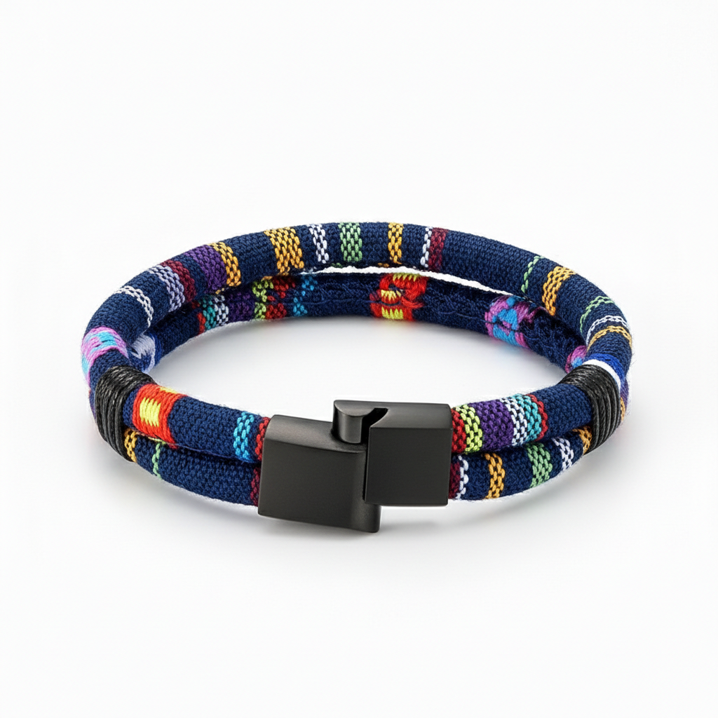 men's colorful woven rope bracelet with stainless steel clasp