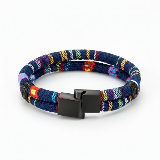 men's colorful woven rope bracelet with stainless steel clasp