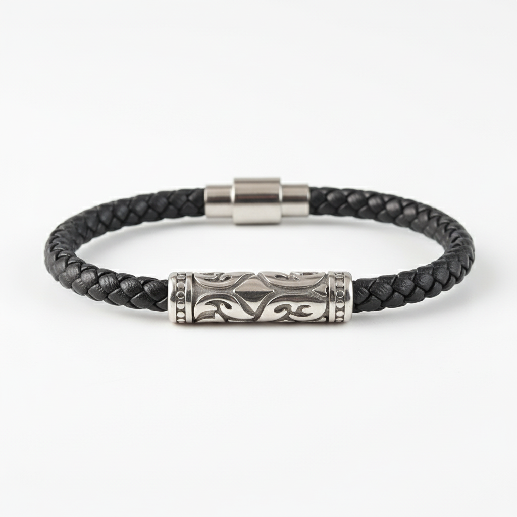 men's black braided leather bracelet with stainless steel bar