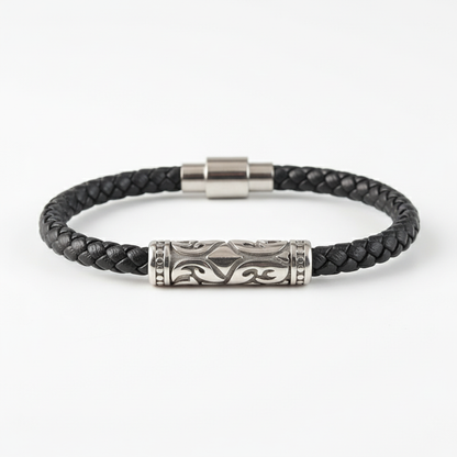 men's black braided leather bracelet with stainless steel bar