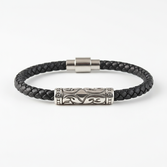 men's black braided leather bracelet with stainless steel bar