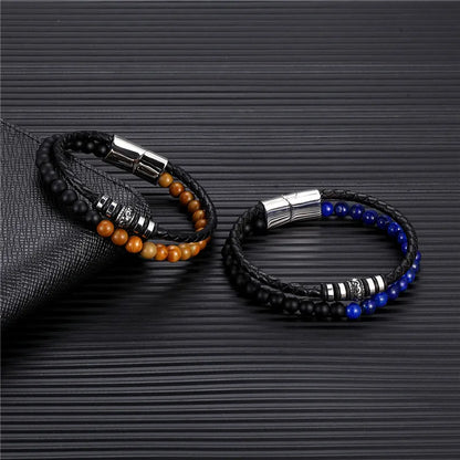 braided leather and natural stone bead bracelet for men stacked style