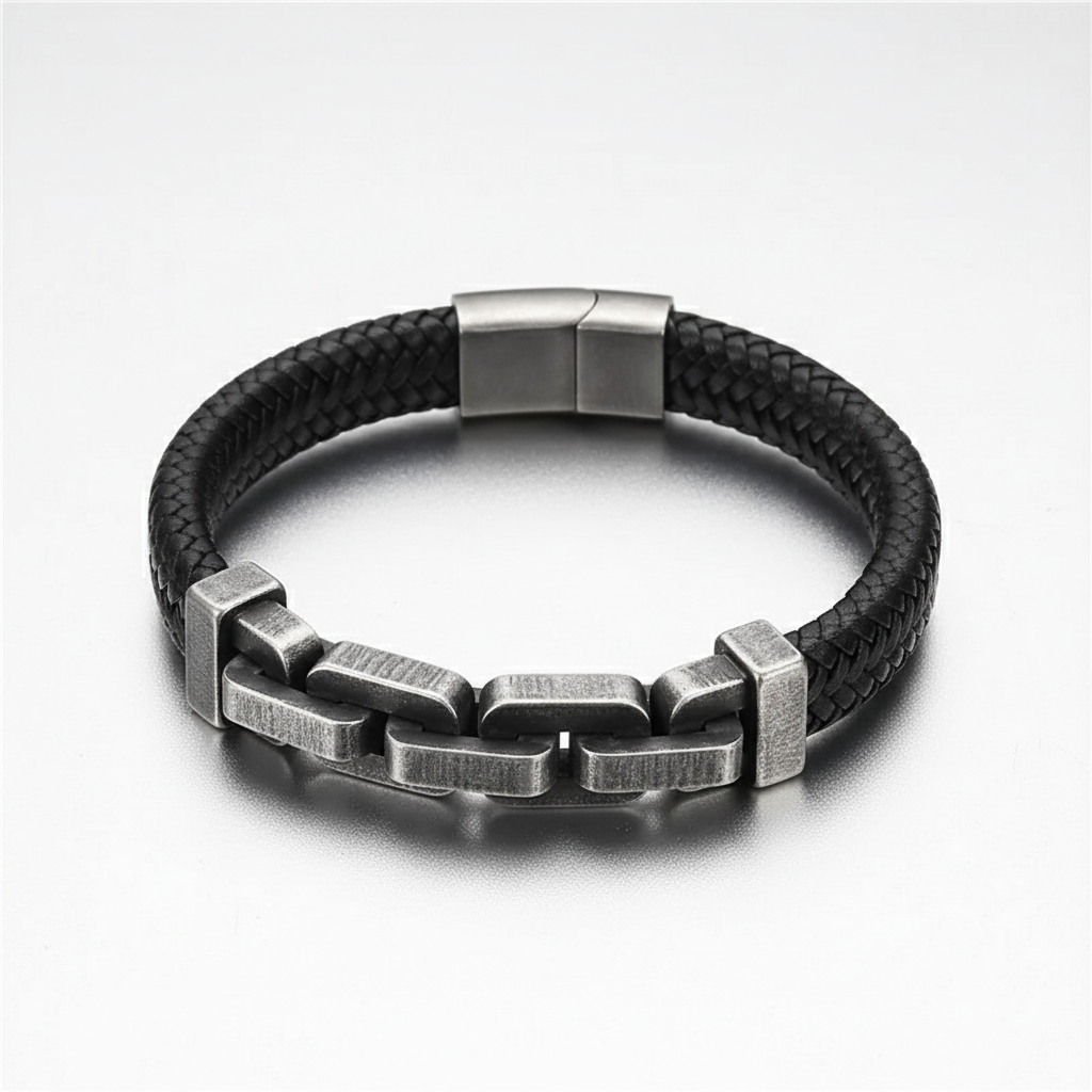 men's braided leather bracelet with stainless steel chain link