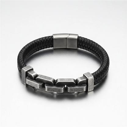 men's braided leather bracelet with stainless steel chain link