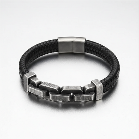 men's braided leather bracelet with stainless steel chain link