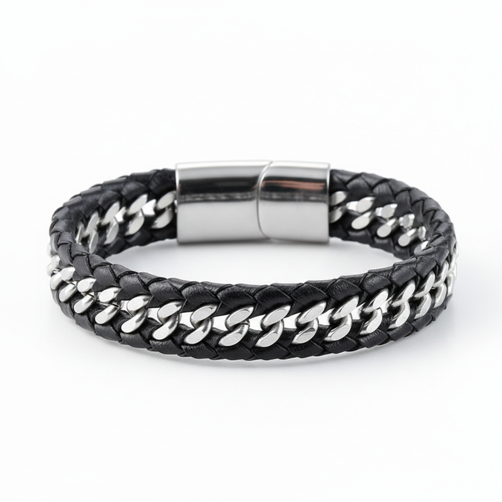 men's braided leather bracelet with stainless steel chain